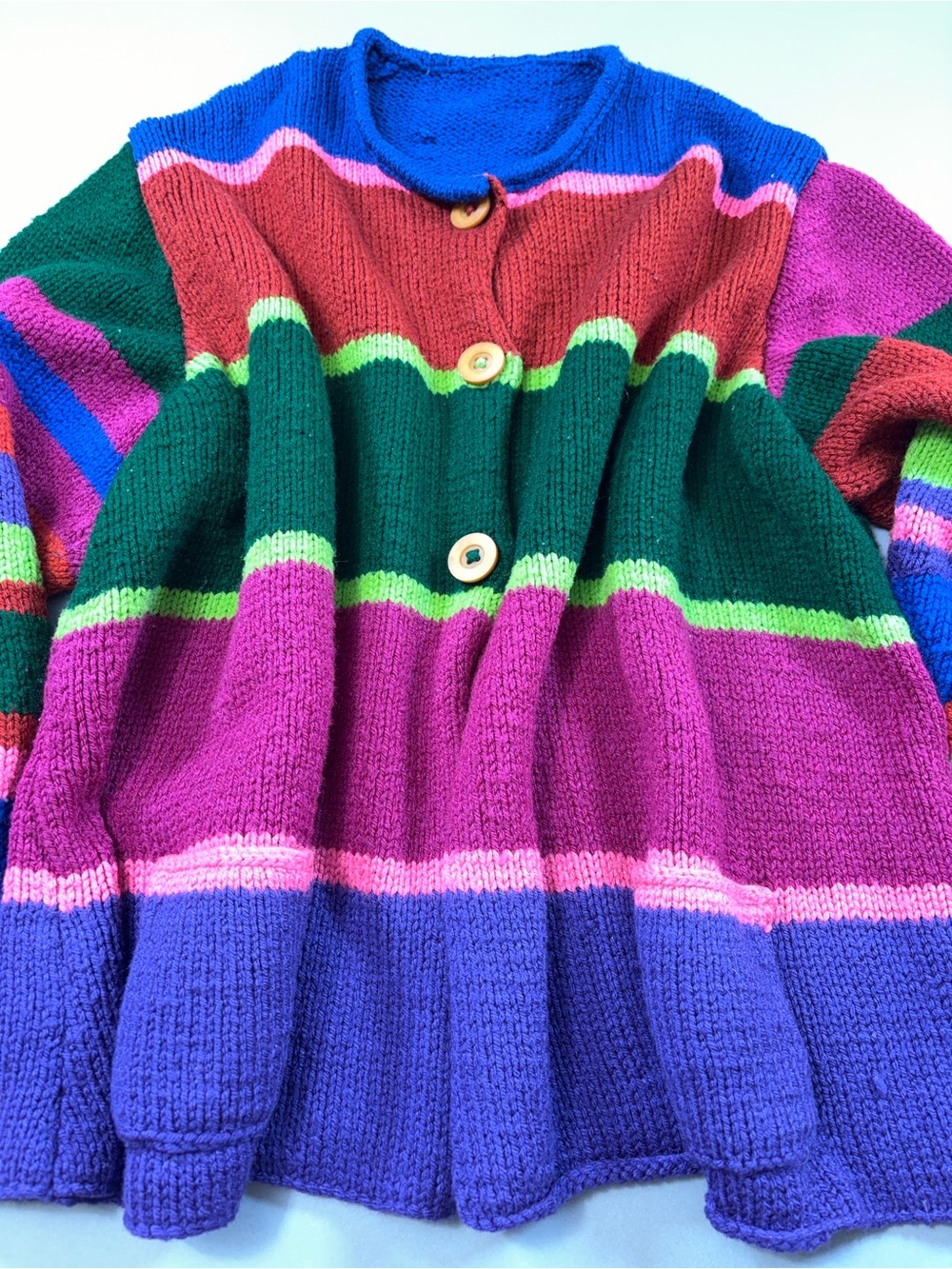 Hand Knit Colorblock Striped Oversized Cardigan Sweater Bright Colors XL Vintage